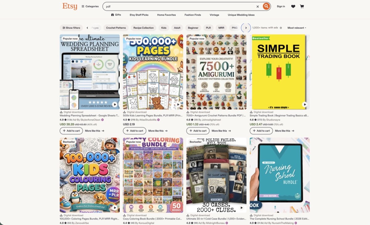 Etsy pdf 검색 디지털 상품 목록