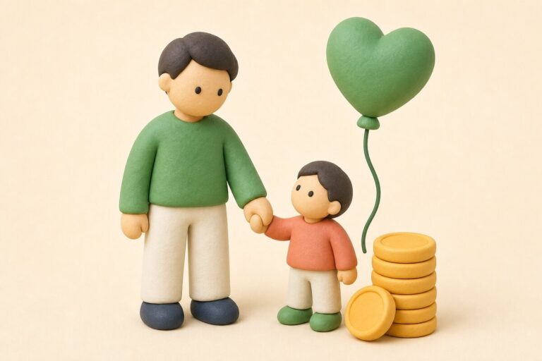 자녀장려금 — 아이 손을 잡은 어른과 동전, 하트 풍선 클레이 일러스트