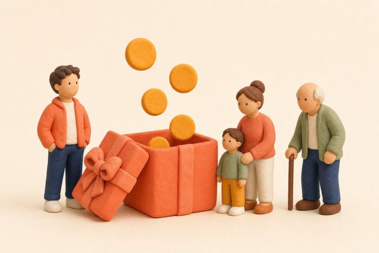 정부지원금 총정리 클레이 일러스트 — 선물상자와 가족