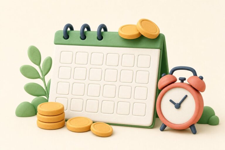 월간 돈 캘린더 — 달력과 동전, 알람시계 클레이 일러스트