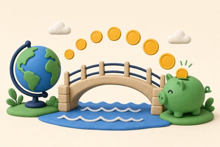 해외 정산 — 다리를 건너는 동전과 저금통 클레이 일러스트