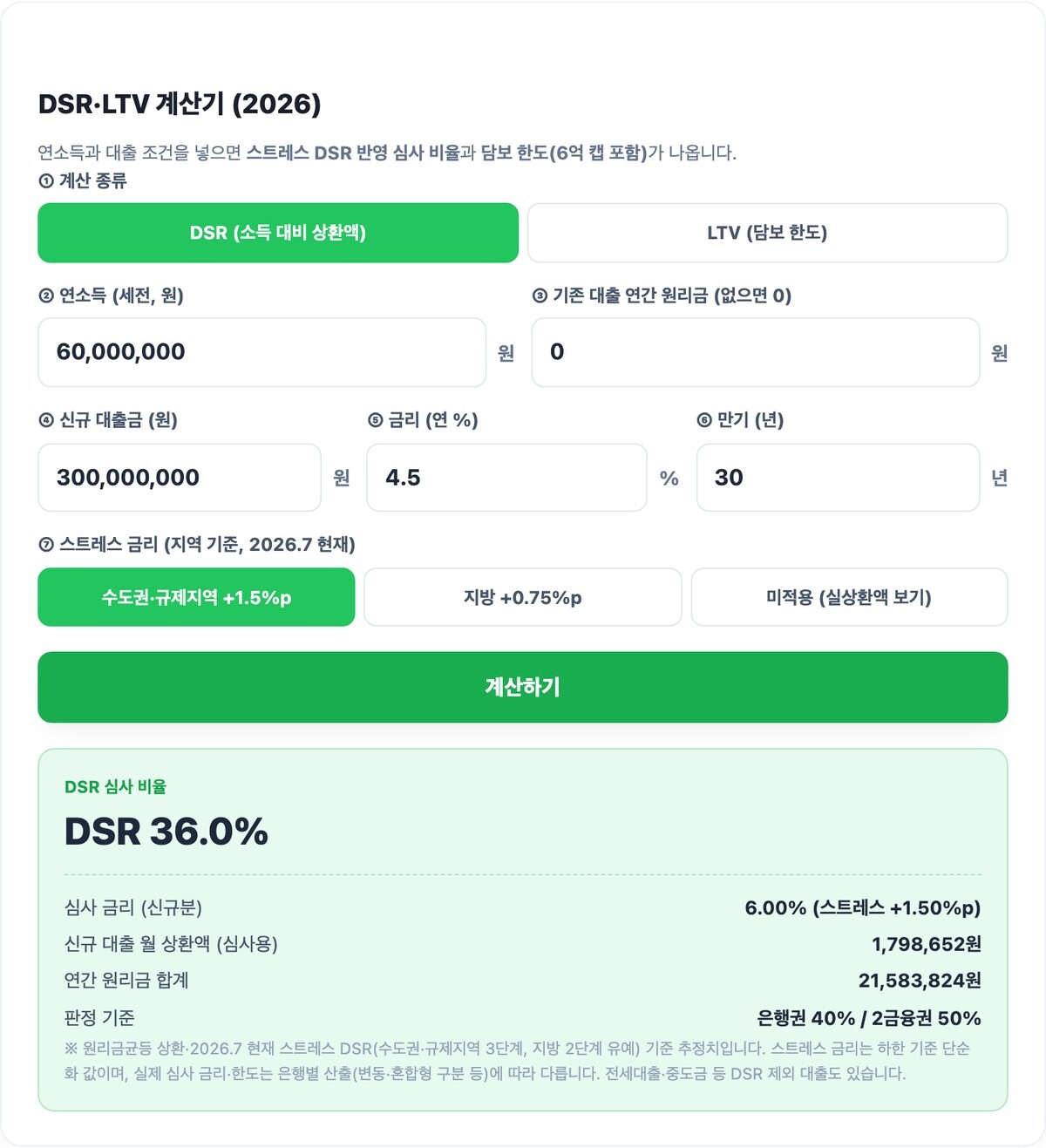 DSR·LTV 계산기 실행 예시 화면