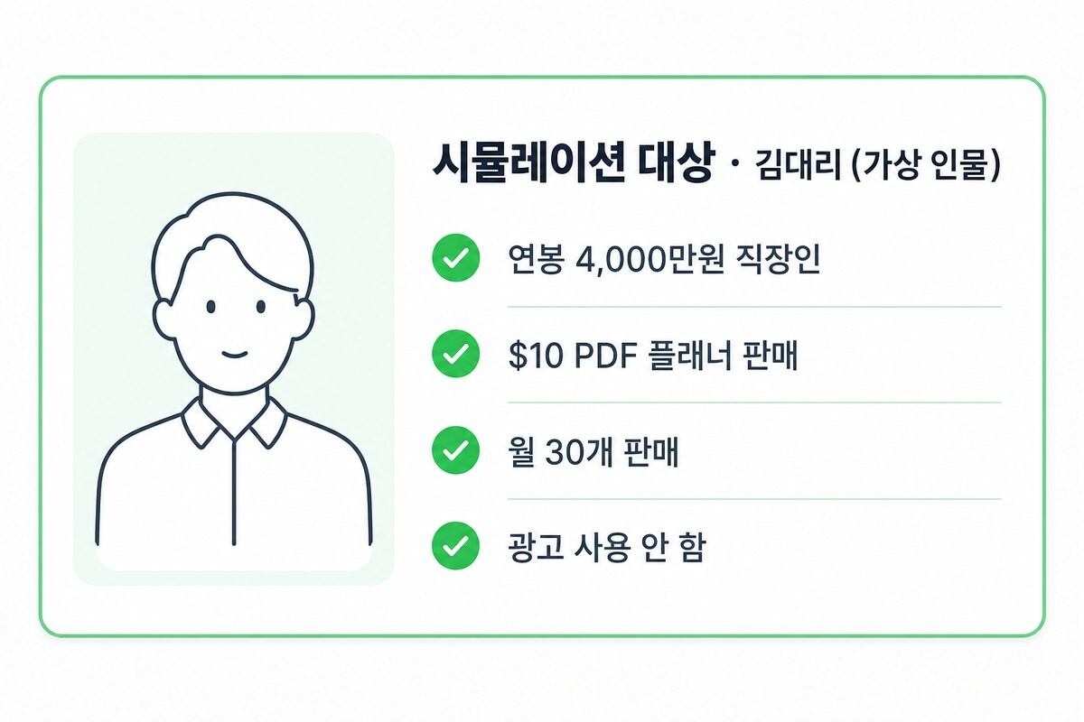 시뮬레이션 대상 김대리(가상 인물)의 조건 — 연봉 4,000만원 직장인, $10 PDF 플래너 월 30개 판매
