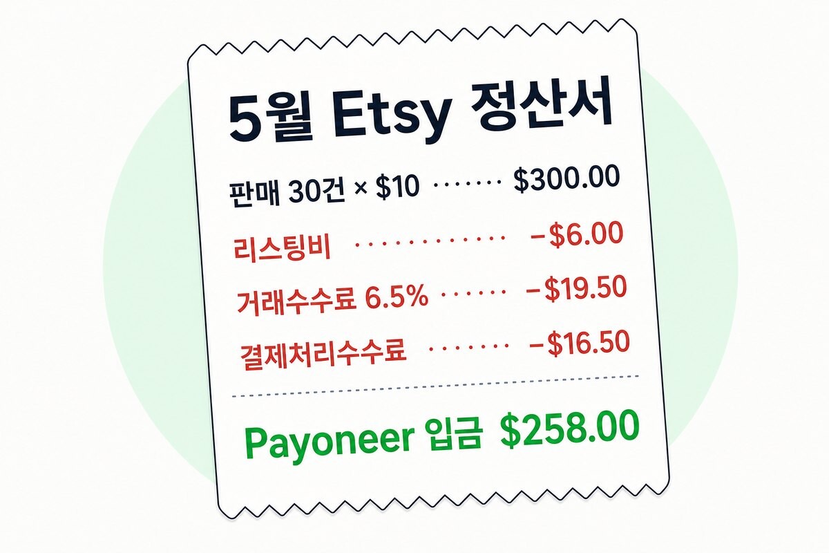 Etsy 월 정산서 예시 — 판매 $300에서 수수료 $42가 빠져 Payoneer로 $258 입금