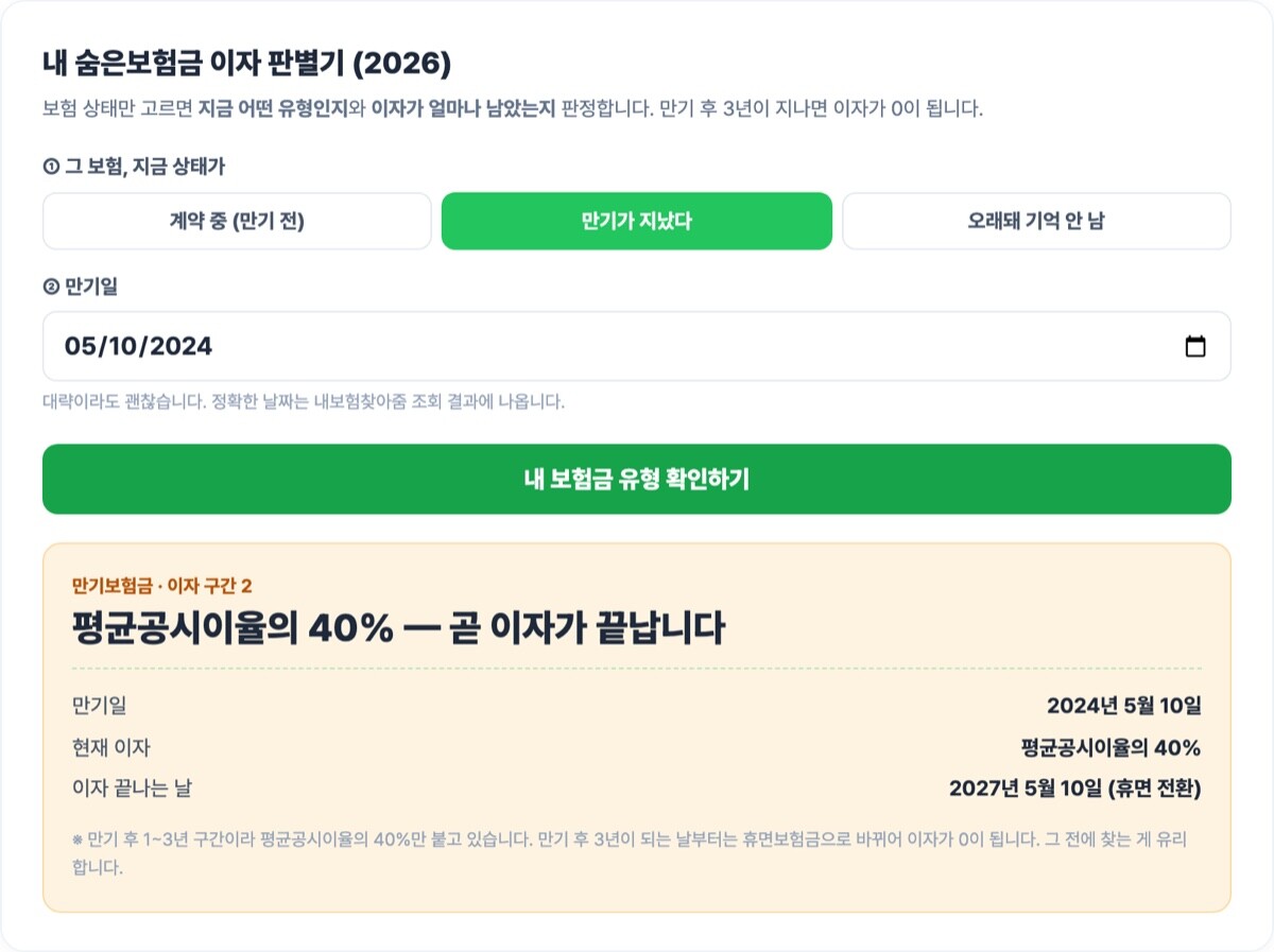 숨은보험금 이자 판별기 실행 화면 - 만기 후 1~3년 구간 평균공시이율 40% 판정 예시
