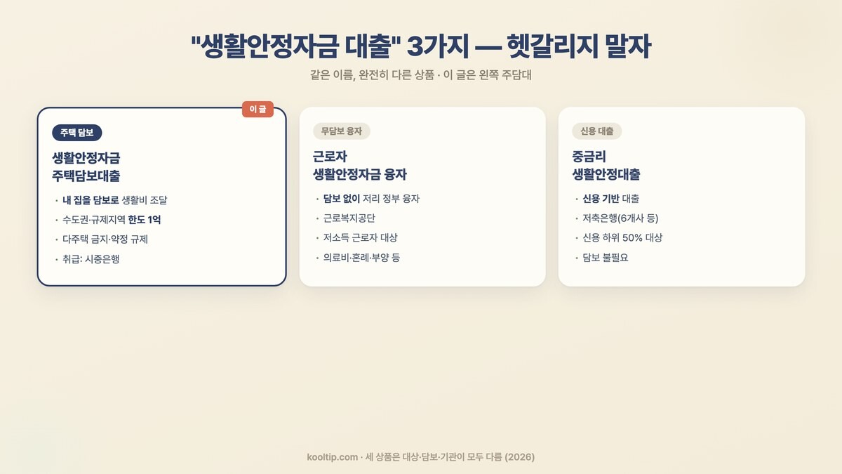 생활안정자금 대출 3종 구분 - 생활안정자금 주택담보대출(내 집 담보, 수도권 1억 한도), 근로자 생활안정자금 융자(무담보 정부융자), 중금리 생활안정대출(신용 저축은행)