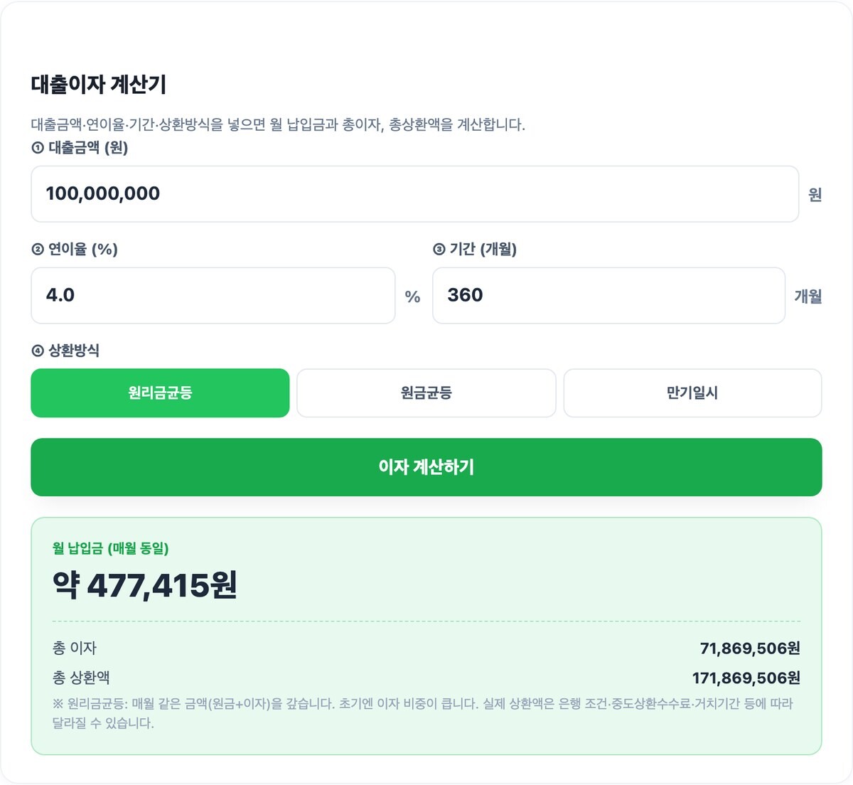 원리금균등 vs 원금균등 차이·총이자 비교 (대출이자 계산기 포함) 실행 예시 화면