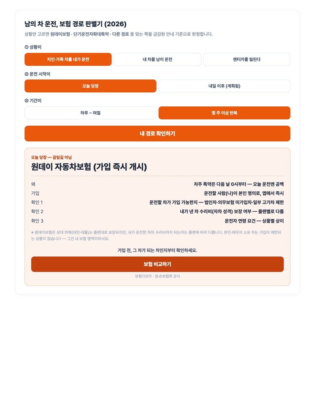 남의 차 운전 보험 경로 판별기 — 오늘 당장 운전 선택 시 원데이 자동차보험과 확인 3가지 안내