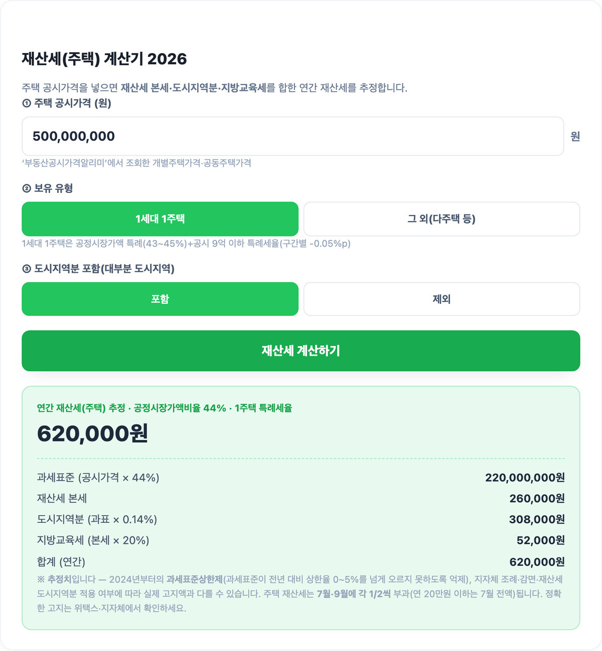 재산세 계산기 실행 예시 - 공시가격 5억 1주택 입력 시 연 620,000원 결과 화면