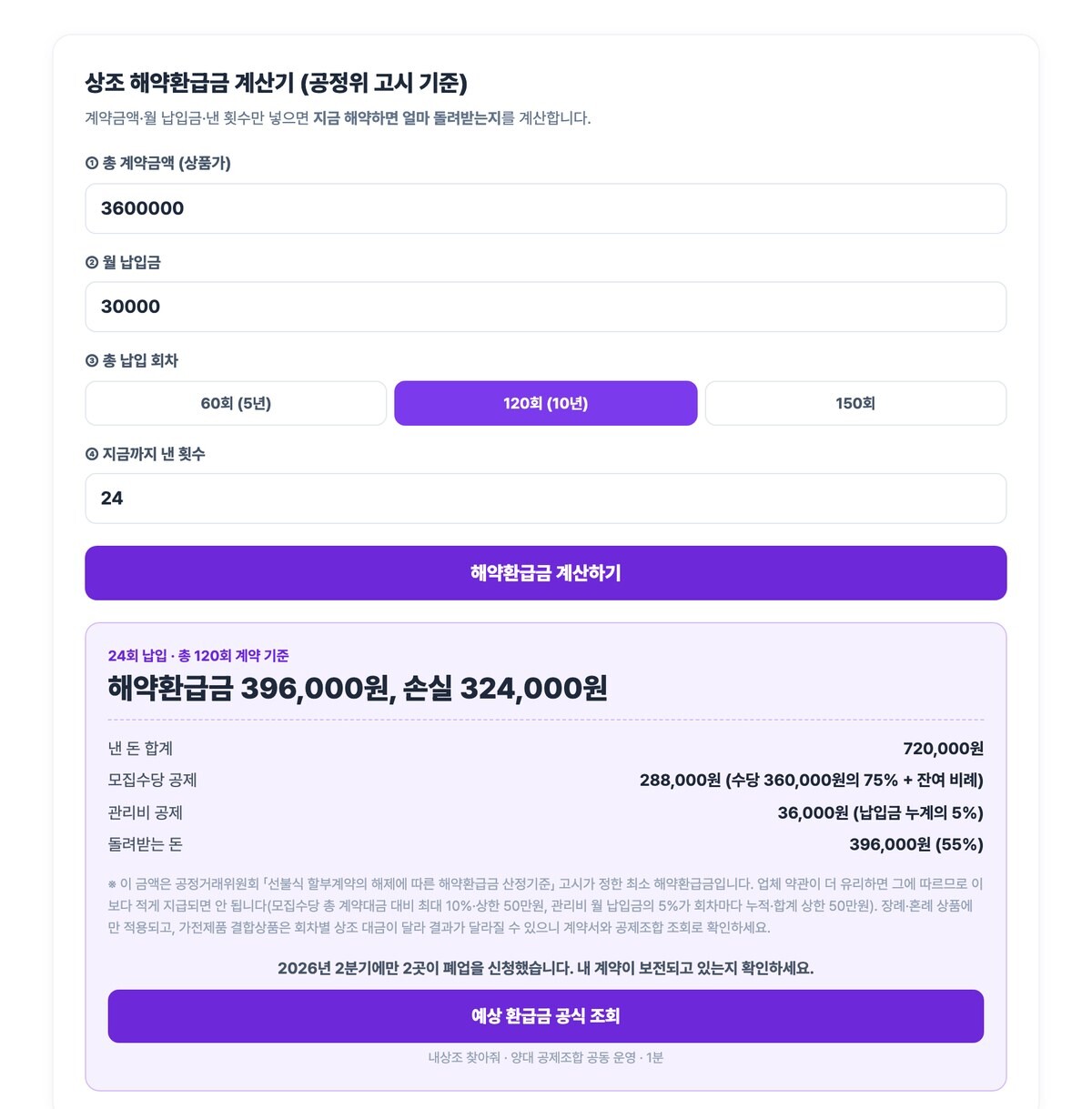 상조 해약환급금 계산기 위젯 — 360만원 상품 24회 납입 시 환급 396,000원 계산 화면