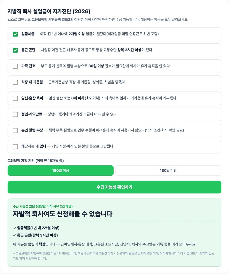 자발적 퇴사 실업급여 자가진단 임금체불 통근곤란 2건 수급 가능성