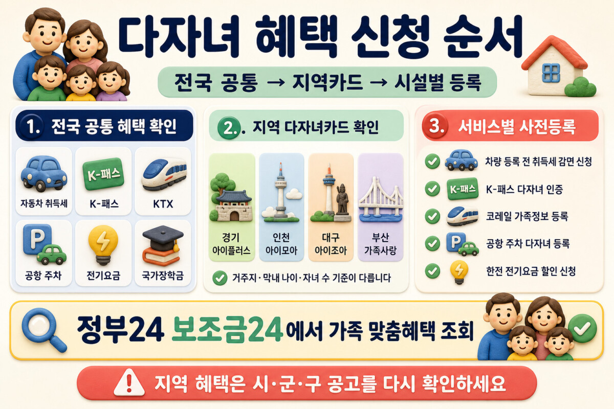 2026 다자녀 혜택 전국 공통 지역카드 서비스별 사전등록 신청 순서 인포그래픽