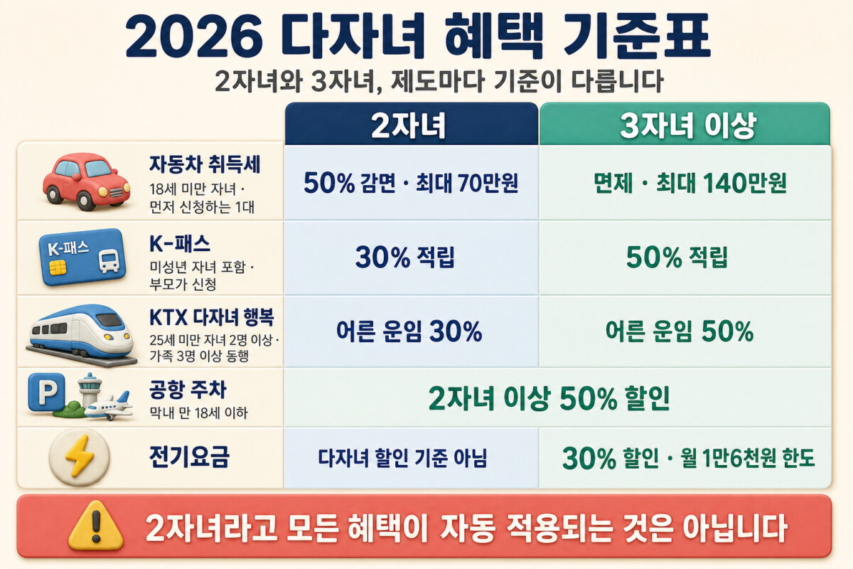 2026 다자녀 혜택 2자녀 3자녀 자동차 취득세 K패스 KTX 공항주차 전기요금 기준표 인포그래픽