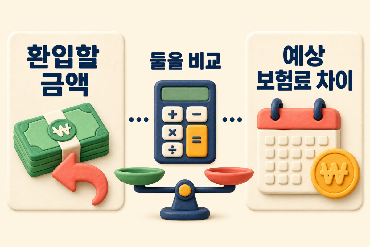 자동차보험 환입할 금액과 갱신 뒤 예상 보험료 차이를 비교하는 계산 구조