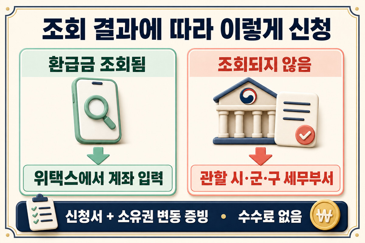 위택스 자동차세 환급금 조회 여부에 따른 온라인 신청과 관할 지자체 신청 경로 인포그래픽