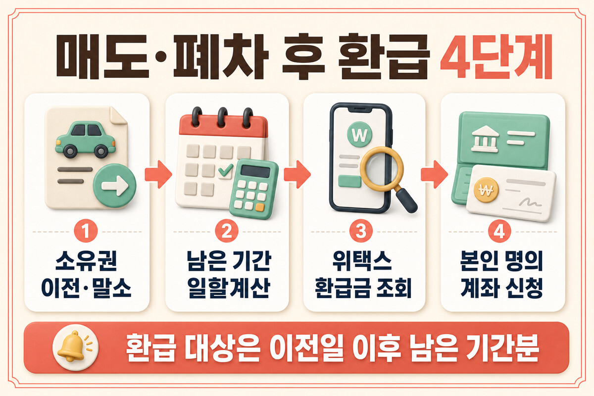 자동차 매도 폐차 후 자동차세 환급 대상 확인부터 본인 명의 계좌 신청까지 4단계 인포그래픽