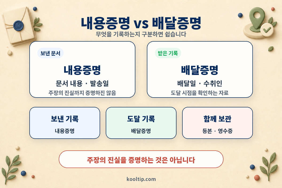내용증명 문서 내용 발송일과 배달증명 배달일 수취인 비교 인포그래픽
