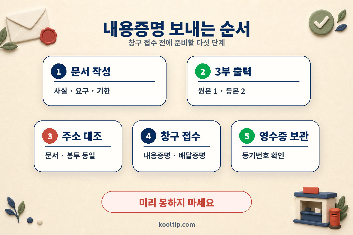 내용증명 문서 작성 3부 출력 주소 대조 우체국 접수 영수증 보관 5단계 인포그래픽