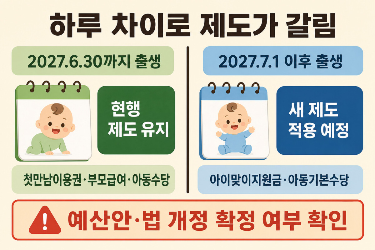 2027년 6월 30일까지 현행 제도 7월 1일 이후 아이맞이지원금 적용 예정 비교 인포그래픽