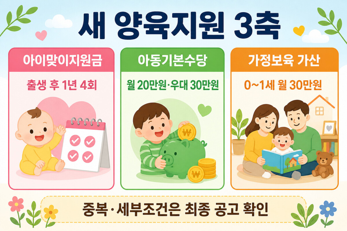 아이맞이지원금 아동기본수당 가정보육 가산 새 양육지원 3축 인포그래픽