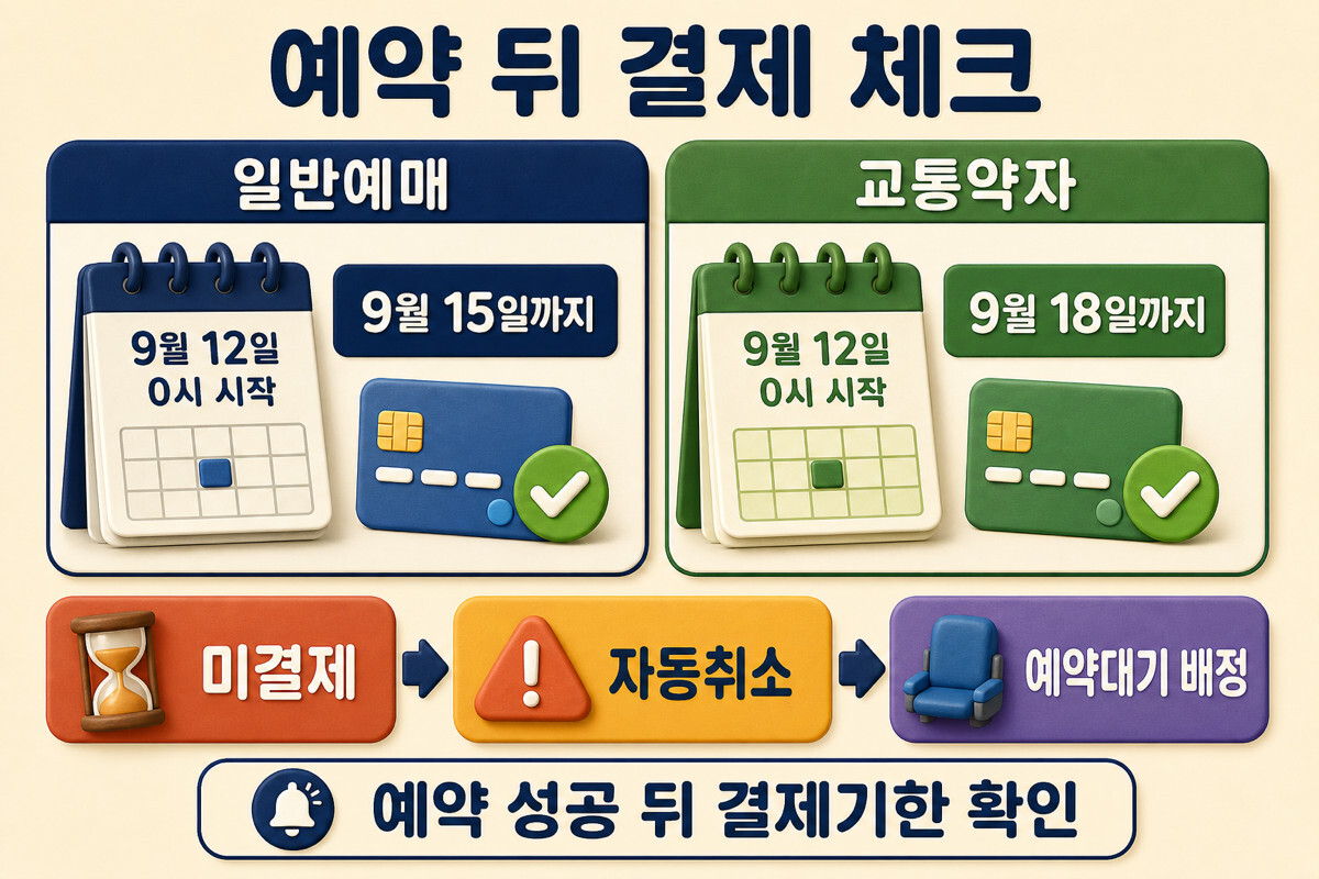 추석 기차표 일반예매와 교통약자 승차권 결제기한 및 자동취소 인포그래픽