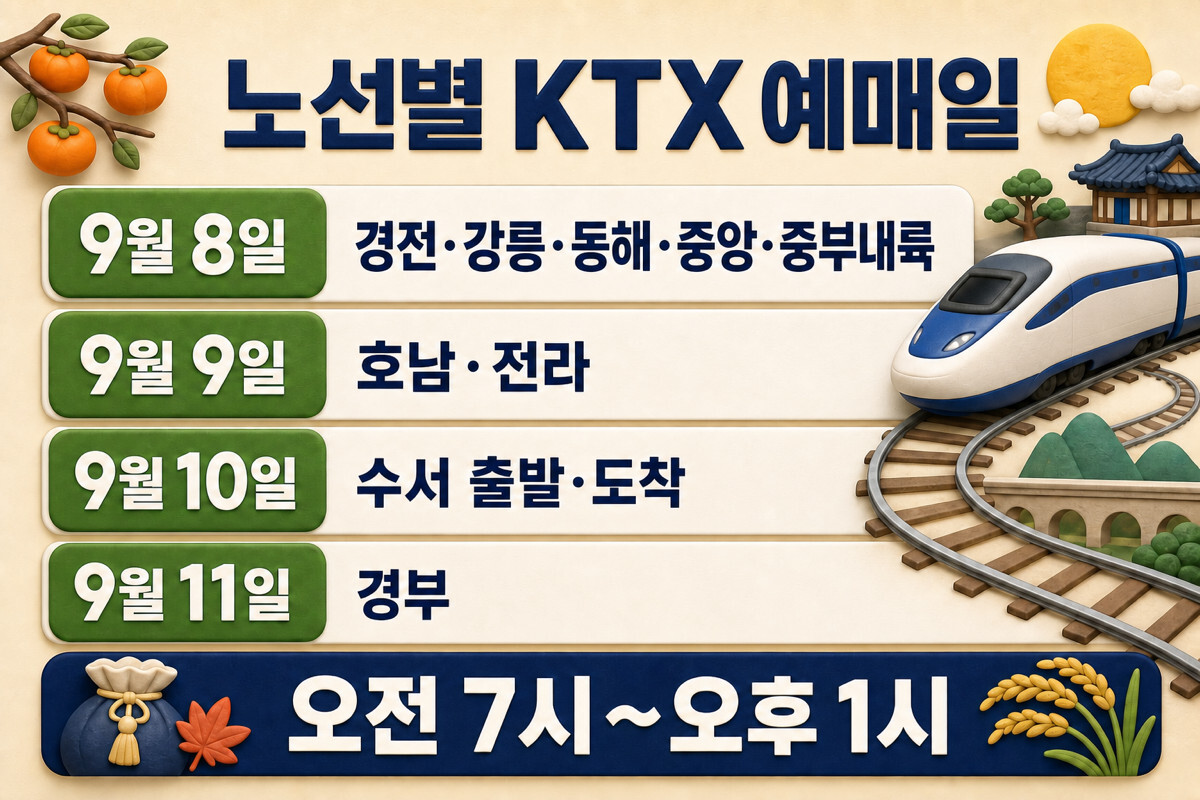 2026 추석 KTX 노선별 9월 8일부터 11일까지 예매일 인포그래픽