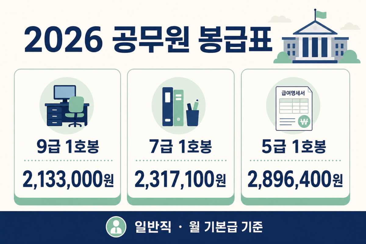 2026 공무원 봉급표 9급 7급 5급 1호봉 기본급 인포그래픽