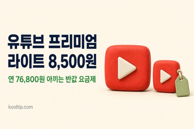 유튜브 프리미엄 라이트 8,500원 - 클레이 재생버튼 두 개와 가격표, 연 76,800원 절약