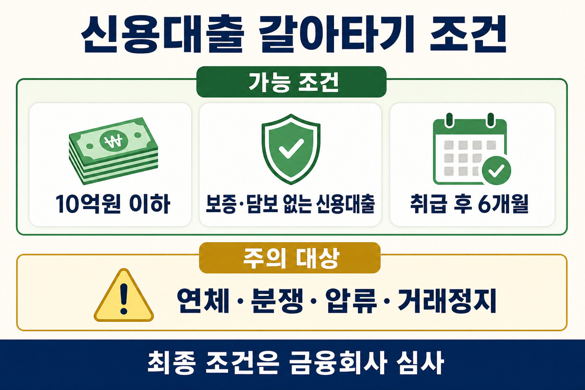 2026 신용대출 갈아타기 가능 조건 10억원 무담보 6개월 제외 대상 인포그래픽