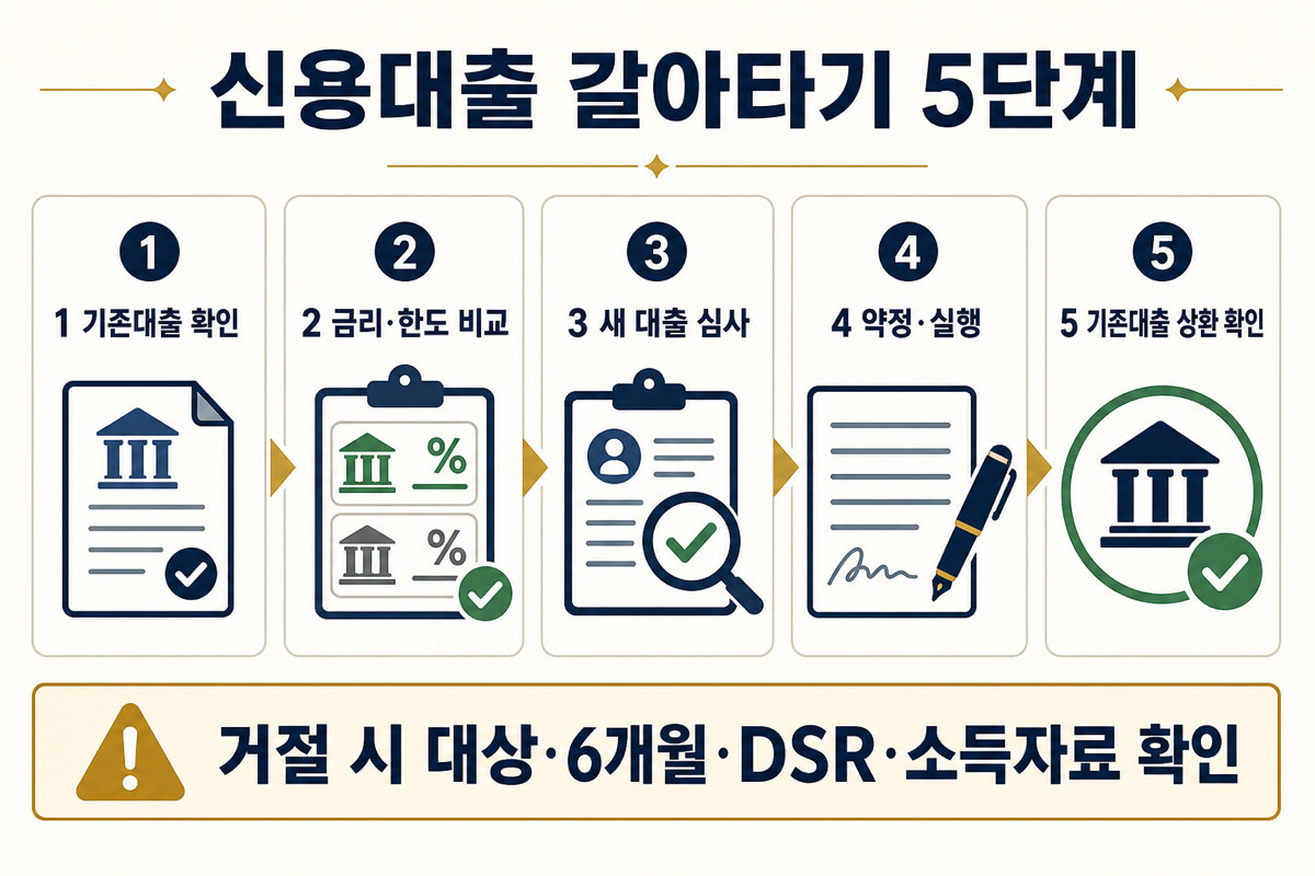 신용대출 갈아타기 조회 비교 심사 실행 상환 확인과 거절 대응 인포그래픽