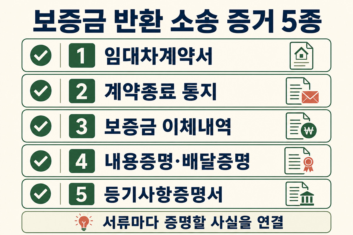 보증금 반환 소송 계약서 통지 이체 등기부 증거 체크리스트 인포그래픽