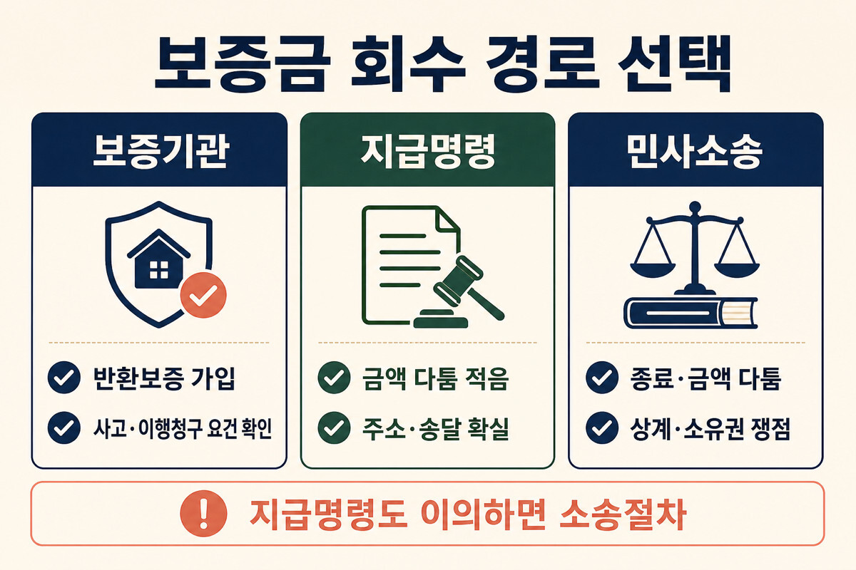 보증보험 지급명령 보증금 반환 소송 선택 기준 인포그래픽