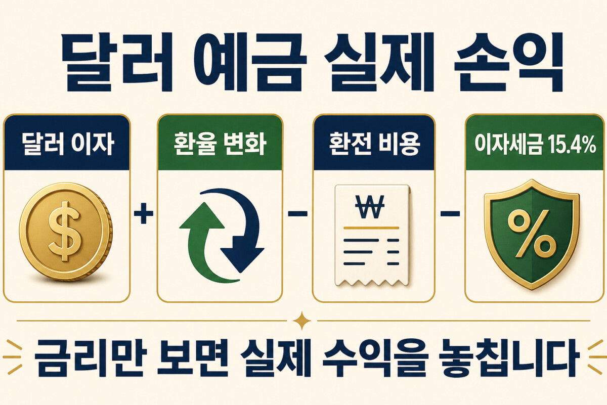 달러 예금 실제 손익을 금리 환율 수수료 세금으로 계산하는 인포그래픽