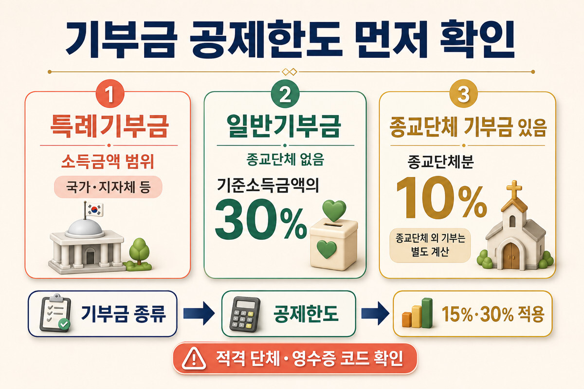 특례기부금 일반기부금 종교단체 기부금 세액공제 한도 인포그래픽