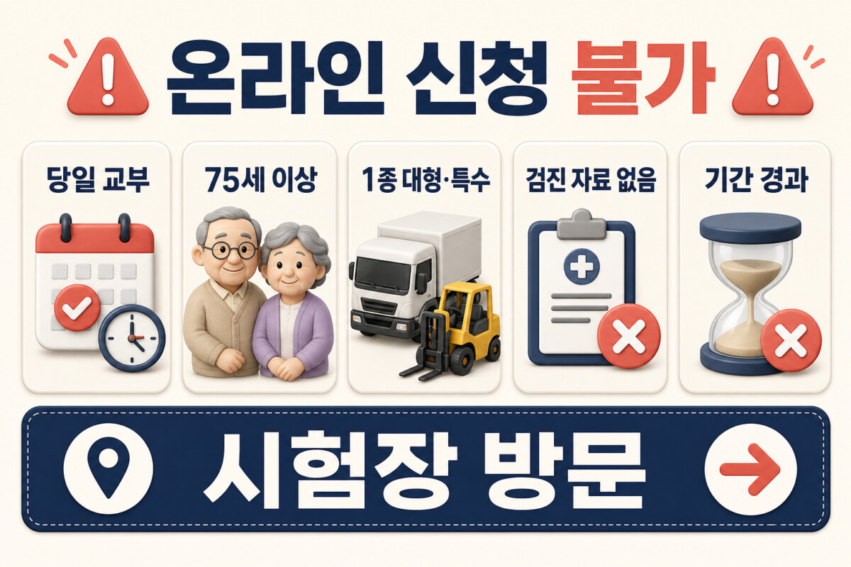 운전면허 갱신 온라인 신청이 안 되고 시험장 방문이 필요한 5가지 경우 인포그래픽