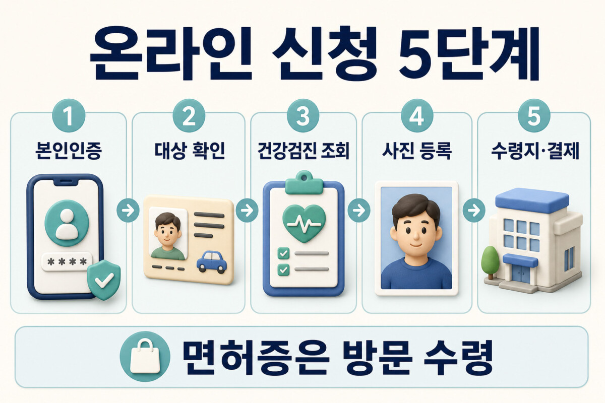 운전면허 갱신 온라인 본인인증부터 수령 장소 선택까지 5단계 인포그래픽