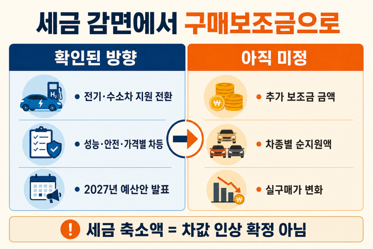 전기차 개별소비세 구매보조금 전환 확정된 방향과 아직 미정인 금액 인포그래픽