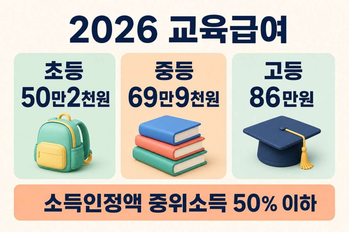 2026 교육급여 바우처 초등 50만2천원 중등 69만9천원 고등 86만원과 중위소득 50% 조건 인포그래픽