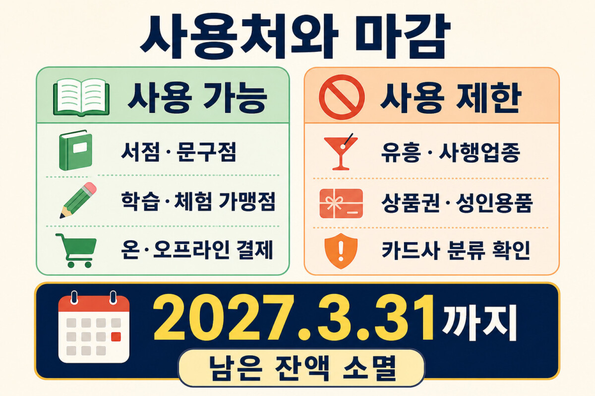 교육급여 바우처 사용 가능 업종과 제외 업종 2027년 3월 31일 사용기한 인포그래픽