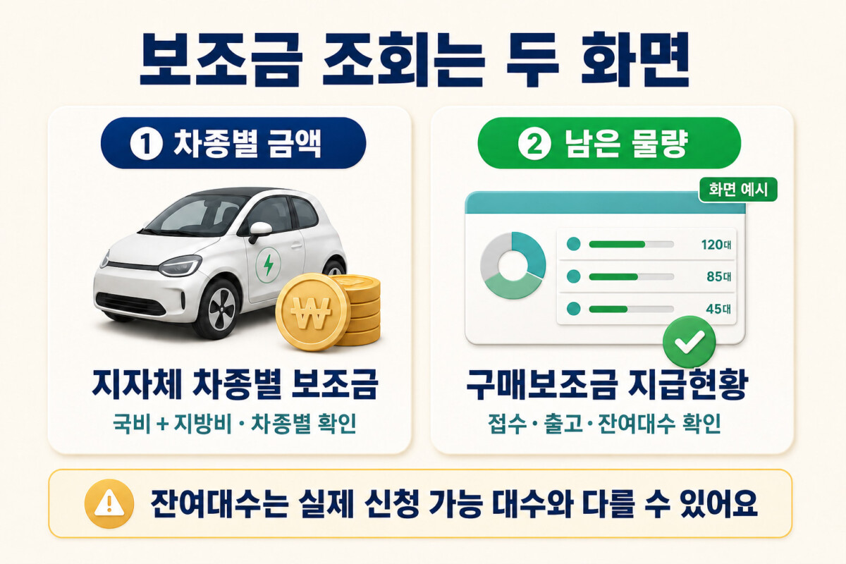 전기차 보조금 차종별 금액과 지역별 잔여물량 조회 화면 비교 이미지