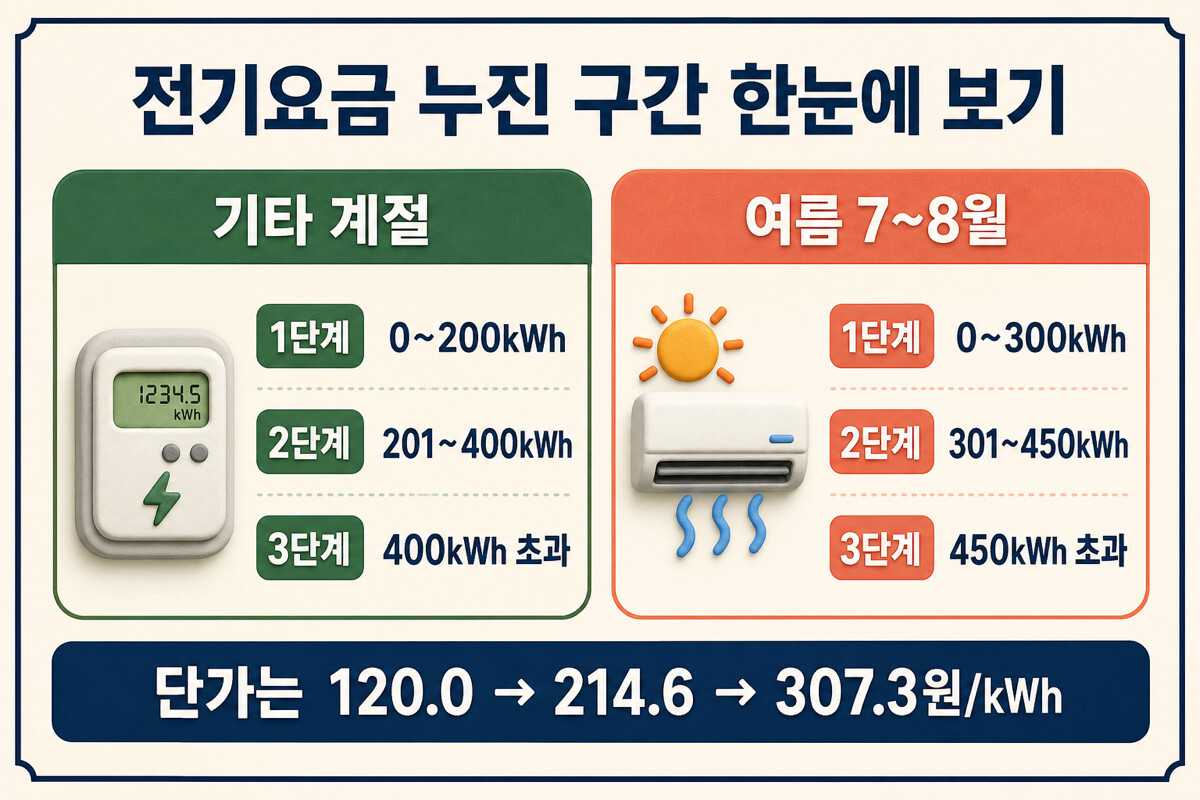 전기요금 누진 구간 기타 계절 200 400kWh와 여름 300 450kWh 비교 인포그래픽