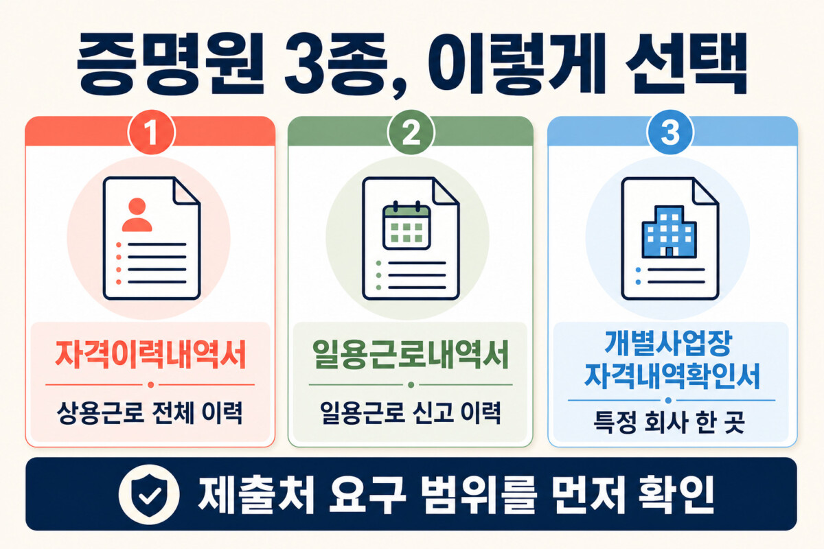 고용보험 자격이력내역서 일용근로내역서 개별사업장 자격내역확인서 선택 인포그래픽