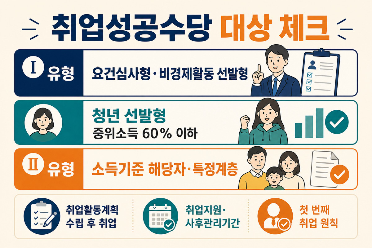 취업성공수당 1유형 2유형 지급 대상 자가진단 인포그래픽