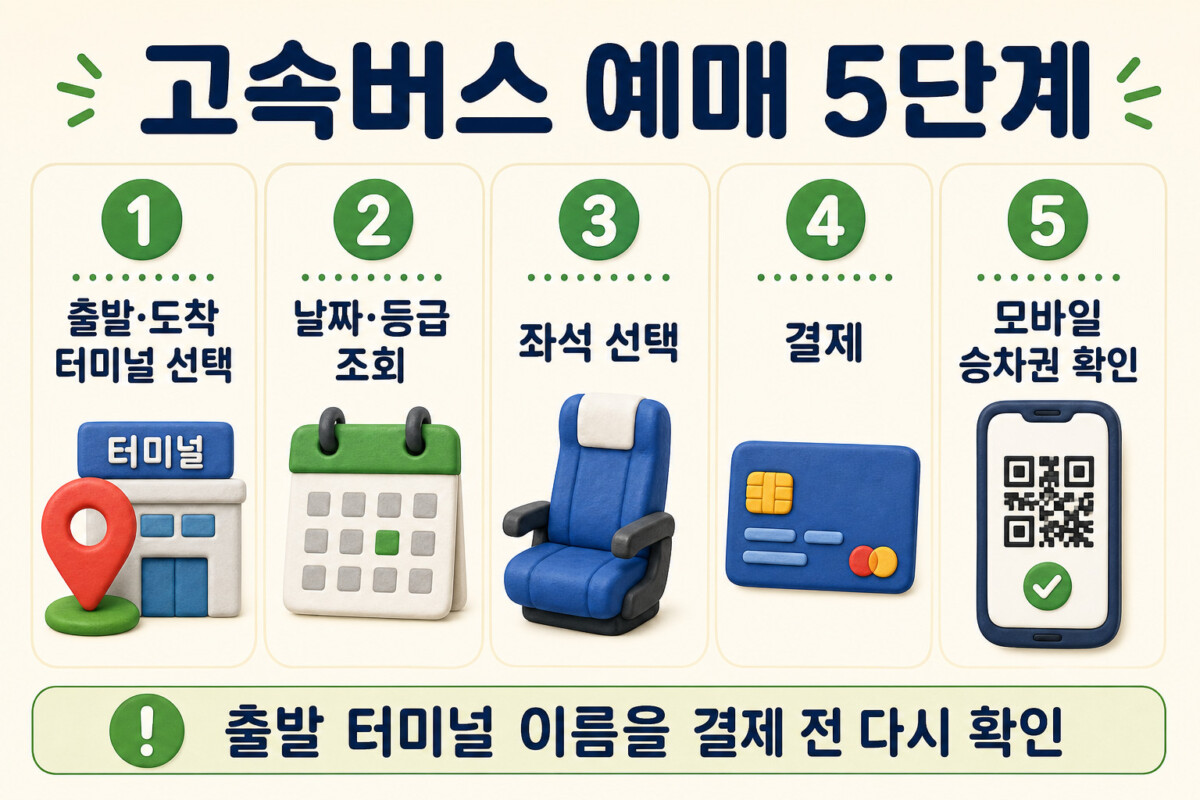 고속버스 예매 출발 도착 터미널부터 모바일 승차권까지 5단계 인포그래픽