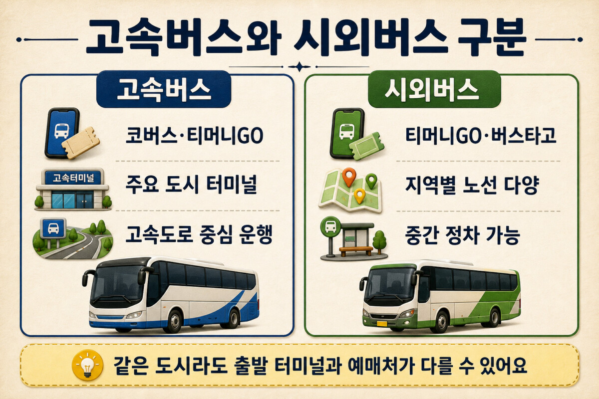 고속버스와 시외버스 예매처 및 운행 차이 비교 인포그래픽