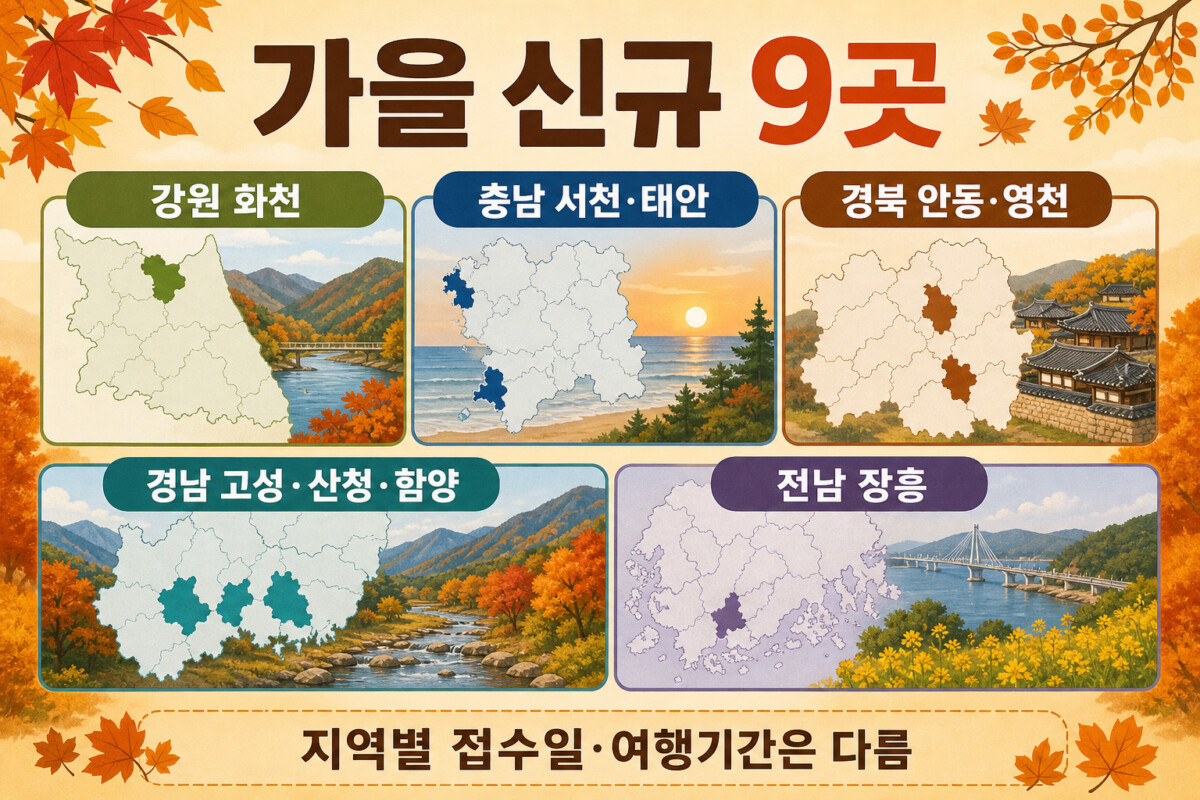대한민국 반값여행 가을 신규 화천 서천 태안 안동 영천 고성 산청 함양 장흥 9곳 인포그래픽