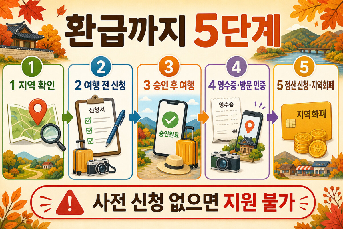 대한민국 반값여행 지역 확인 사전신청 여행 증빙 정산 지역화폐 5단계 인포그래픽