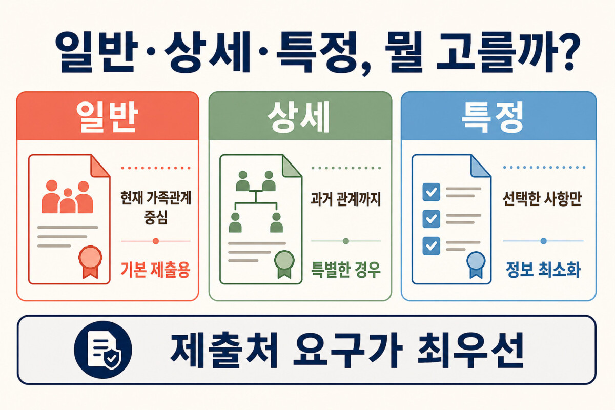 가족관계증명서 일반 상세 특정 선택 기준 인포그래픽
