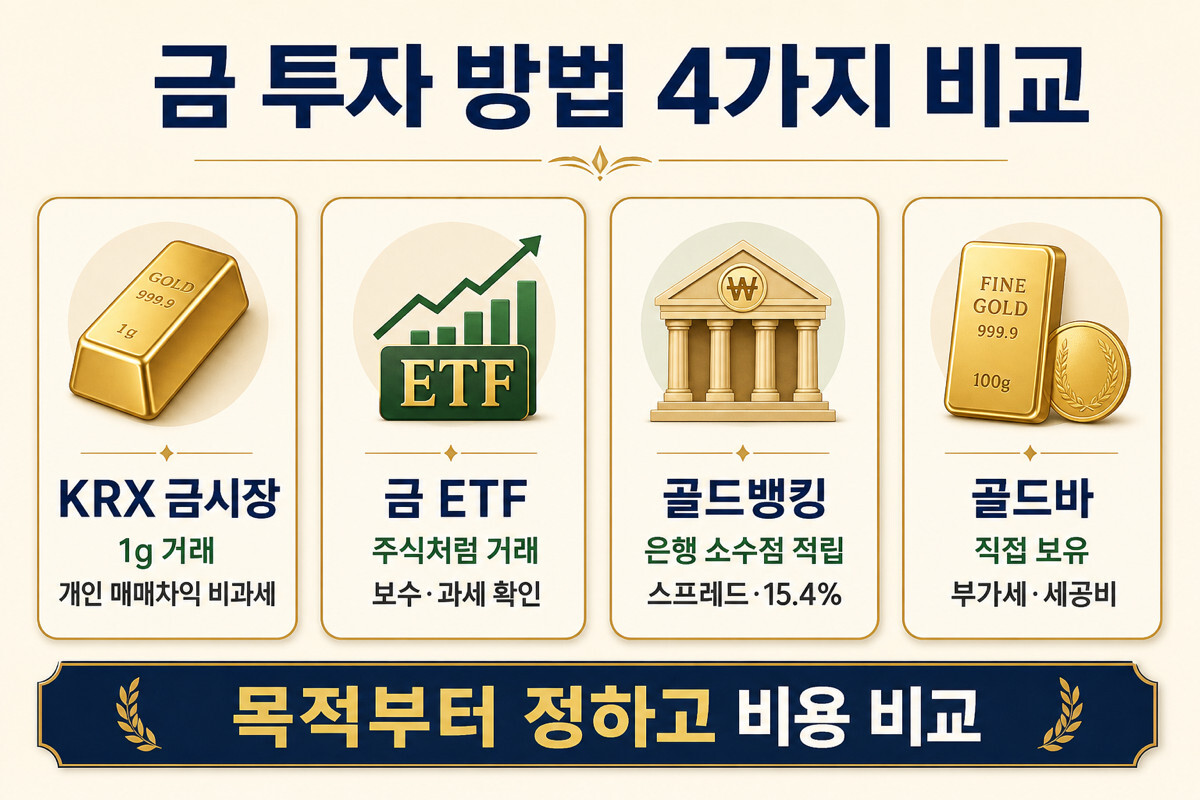 KRX 금시장 금 ETF 골드뱅킹 골드바 금 투자 방법 4가지 비교 인포그래픽