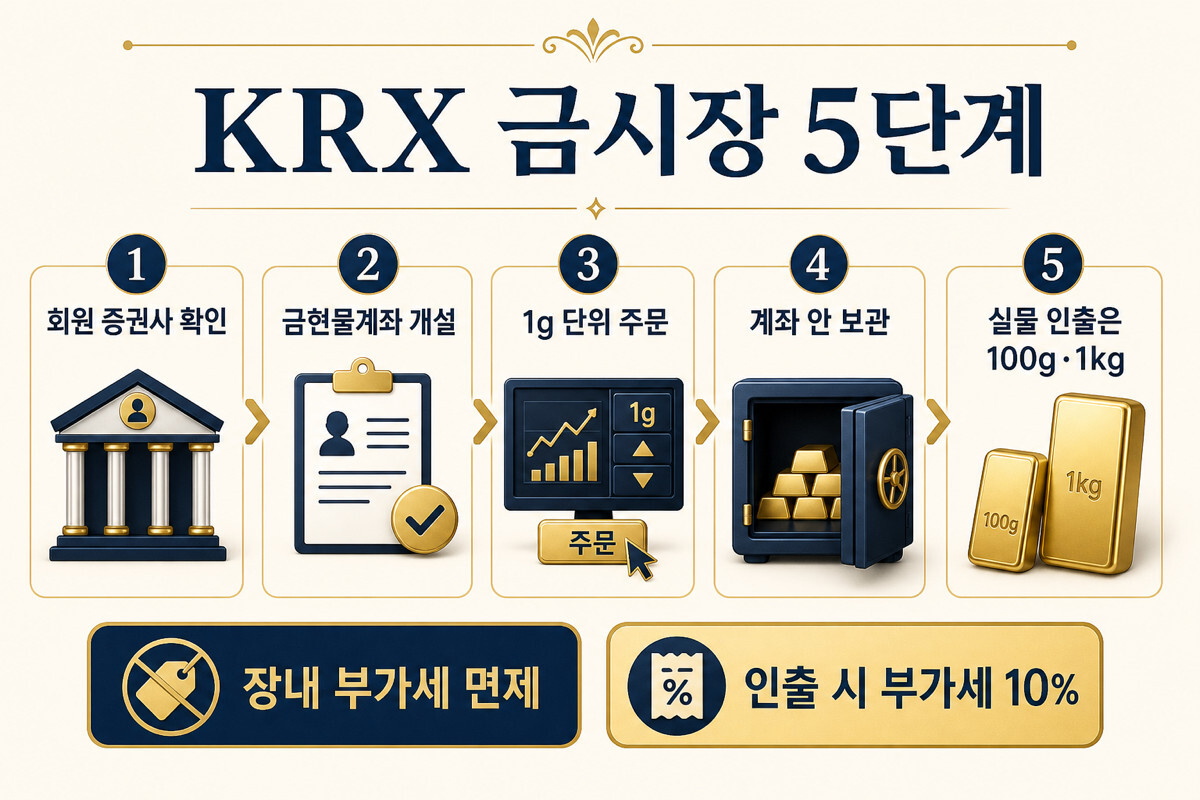 KRX 금 투자 방법 금현물계좌 1g 매수 100g 1kg 실물 인출 인포그래픽